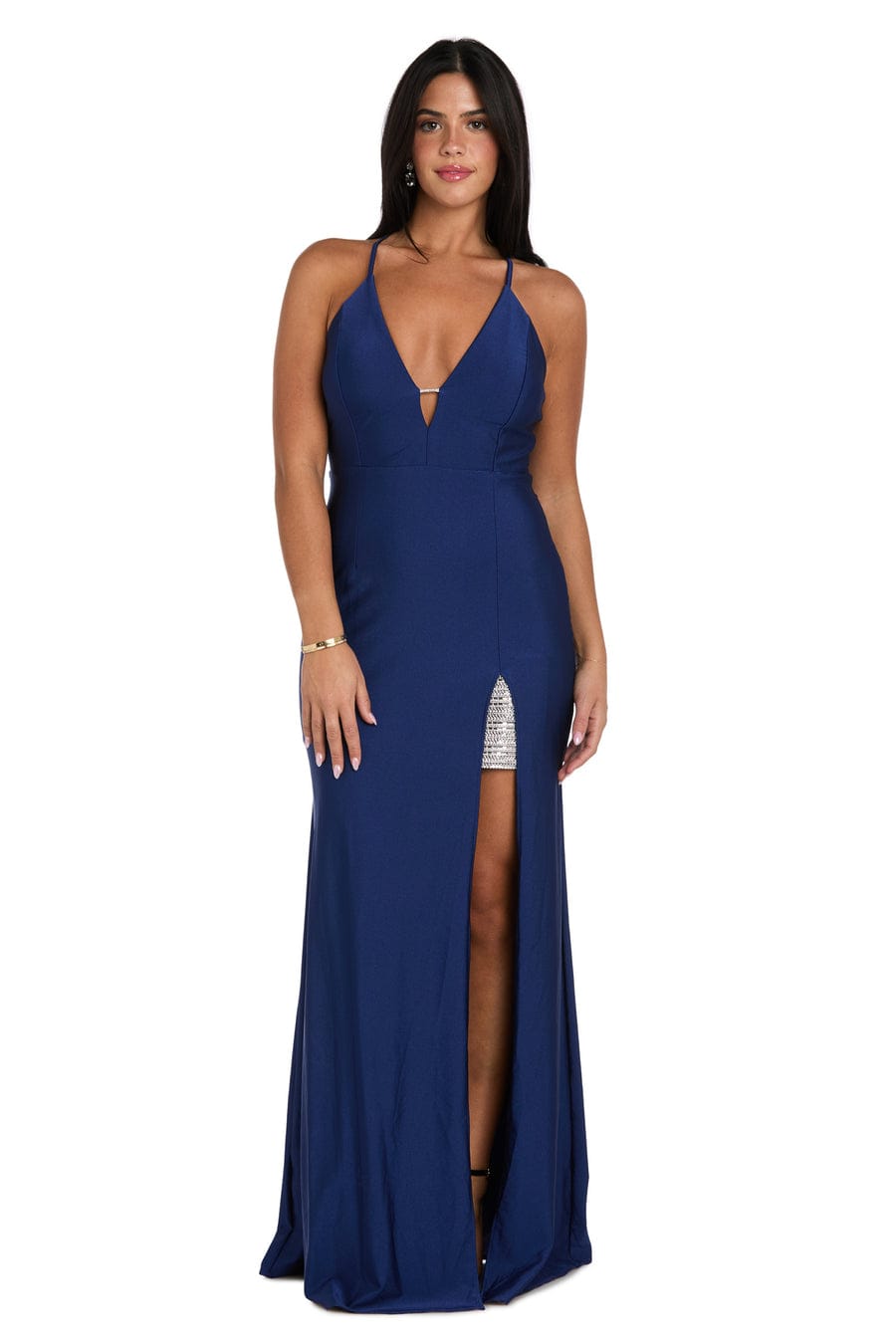 Morgan & Co Rhinestone Slit V-Neck Evening Gown