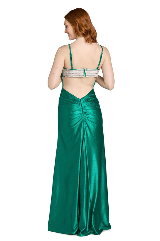 Morgan & Co Emerald Silver Rhinestone Trim Evening Gown