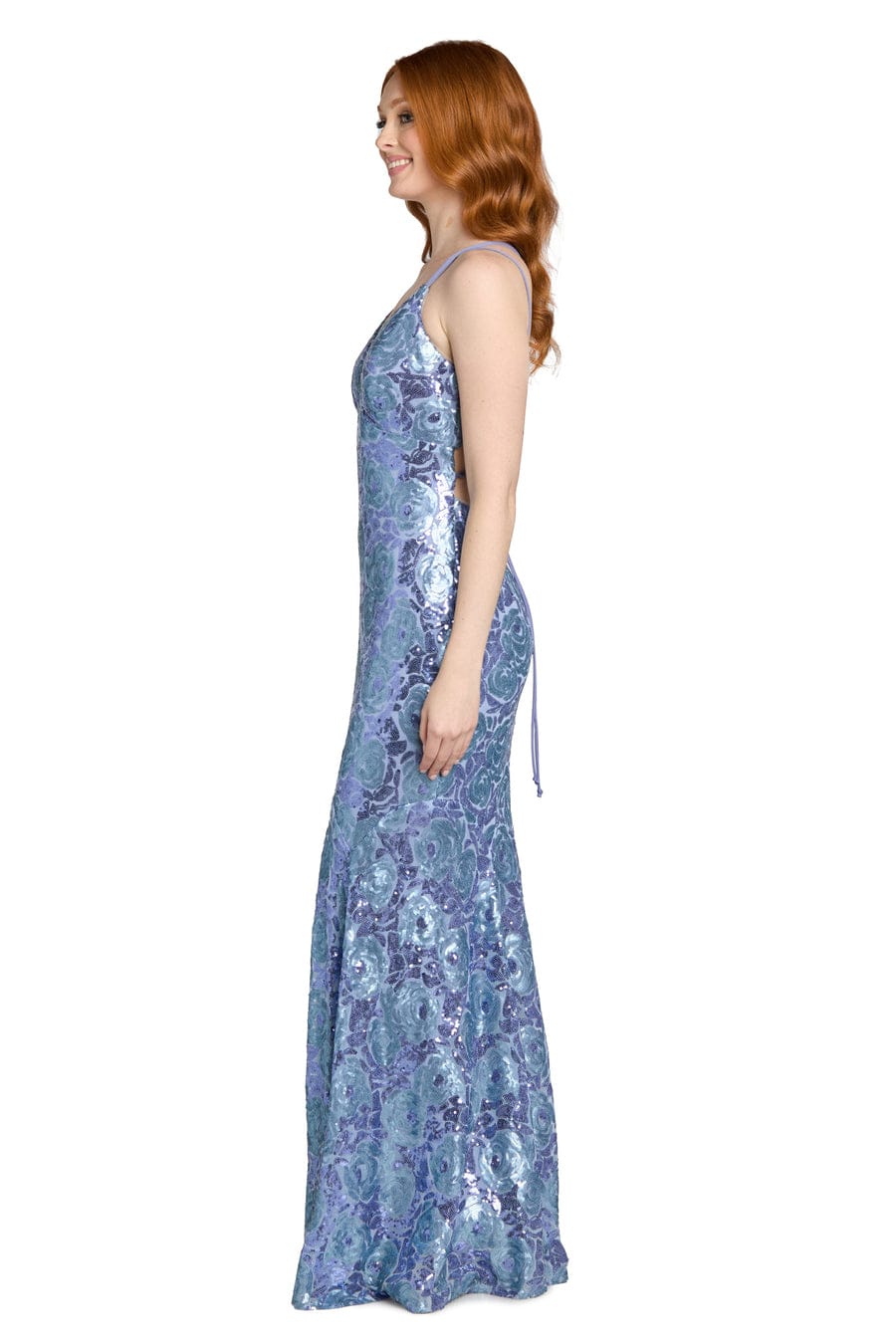 Morgan & Co Periwinkle Floral Sequin Mermaid Evening Gown