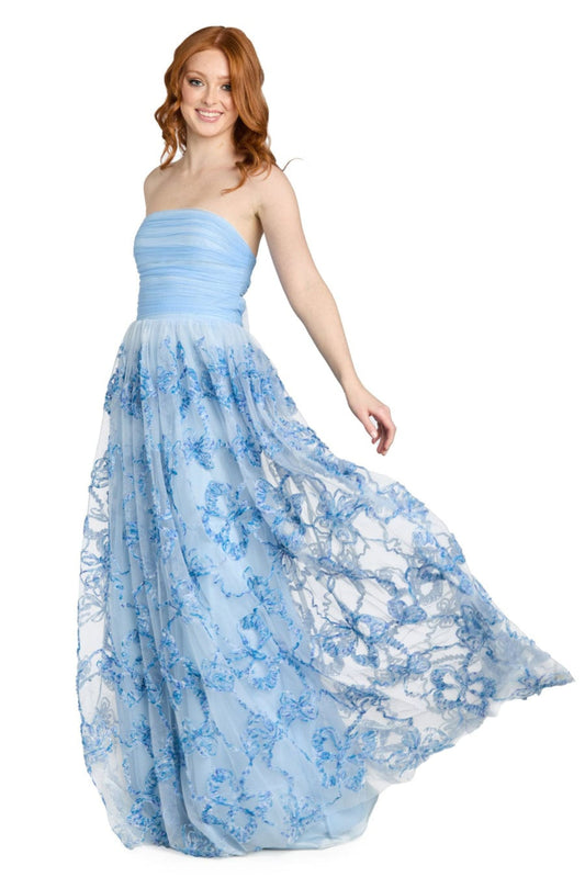 Morgan & Co Light Blue Strapless Floral Ruffle Evening Gown