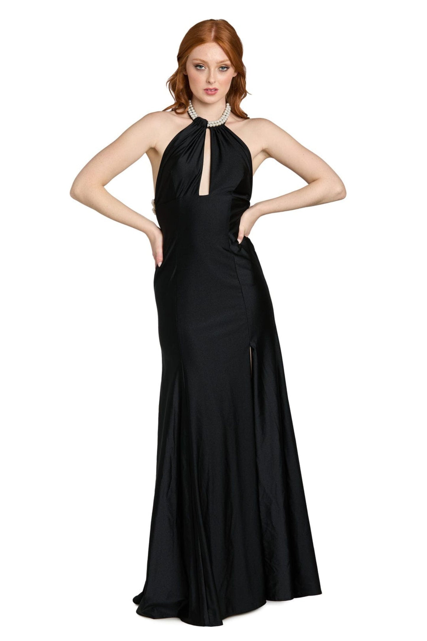 Morgan & Co Black Pearl Halter Keyhole Evening Gown