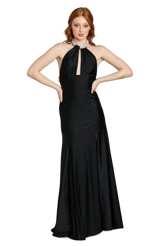 Morgan & Co Black Pearl Halter Keyhole Evening Gown