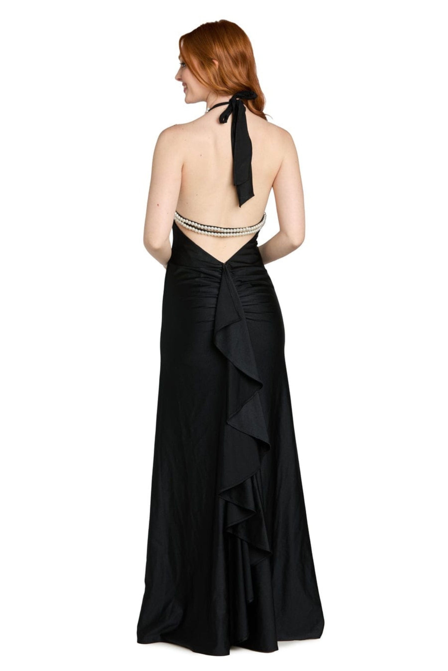Morgan & Co Black Pearl Halter Keyhole Evening Gown
