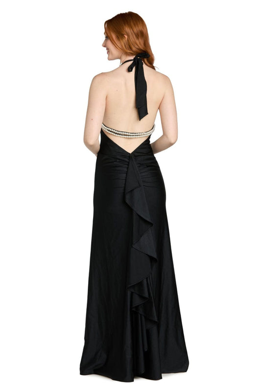Morgan & Co Black Pearl Halter Keyhole Evening Gown