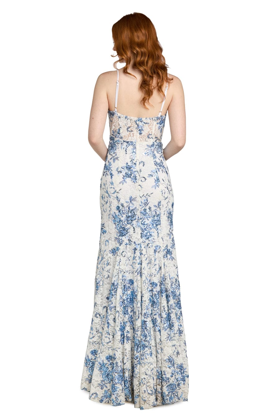 Morgan & Co White Blue Floral Lace Illusion Corset Evening Gown