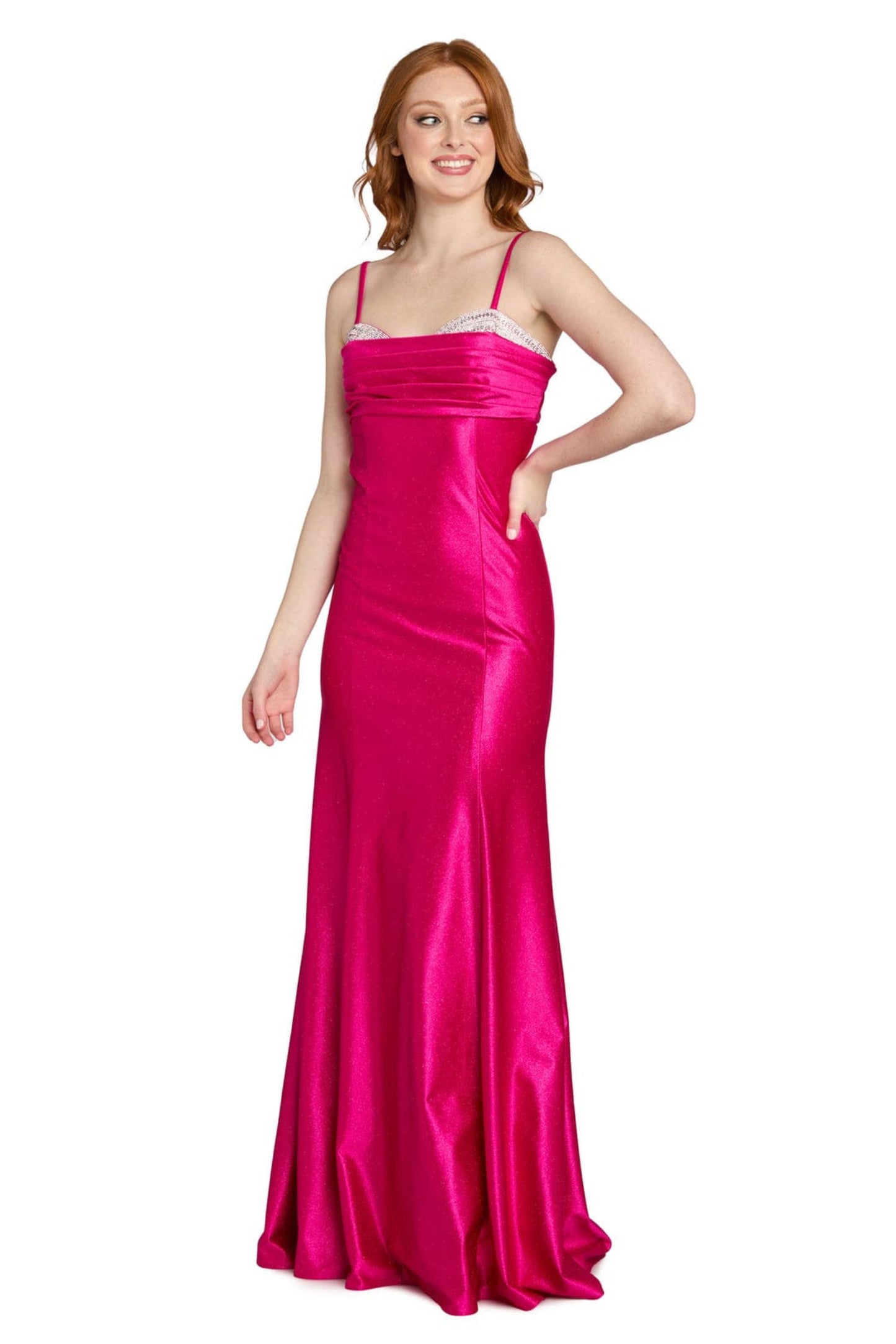 Morgan & Co Fuchsia Pink Rhinestone Trim Satin Evening Gown