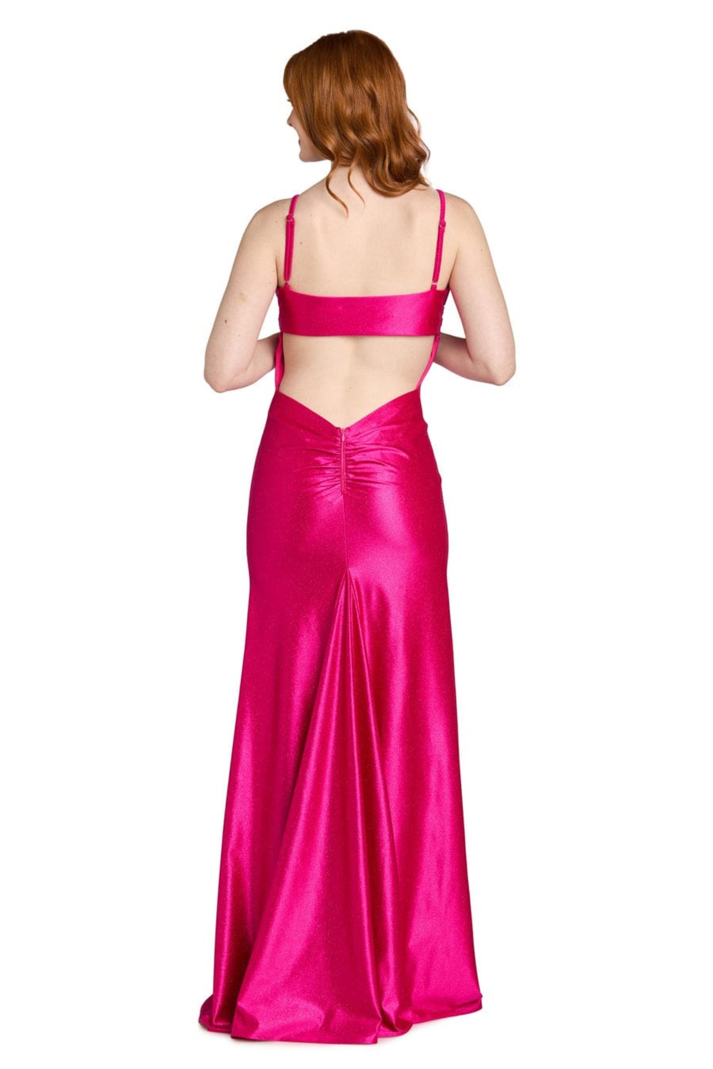 Morgan & Co Fuchsia Pink Rhinestone Trim Satin Evening Gown