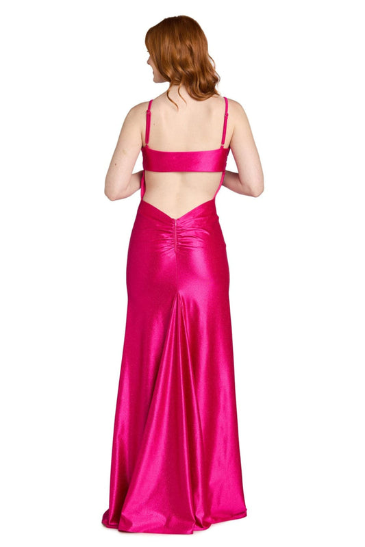 Morgan & Co Fuchsia Pink Rhinestone Trim Satin Evening Gown