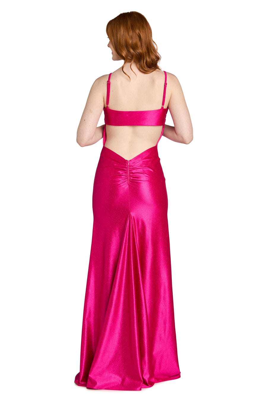 Morgan & Co Fuchsia Pink Rhinestone Trim Satin Evening Gown