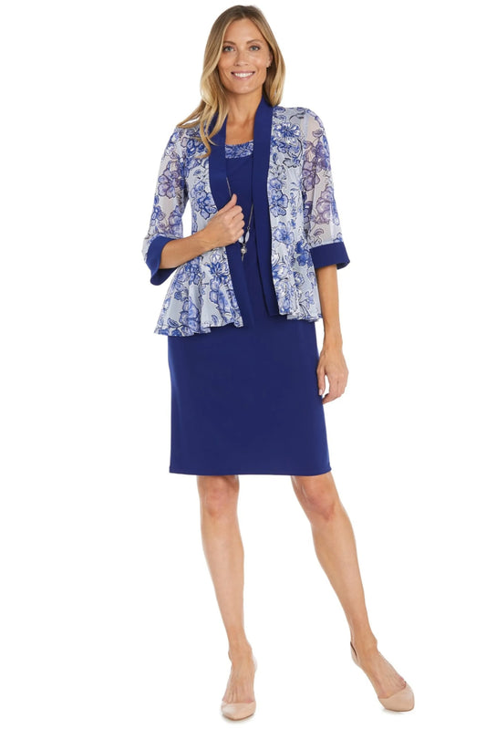 R&M Richards Royal Blue Floral Print Jacket Dress