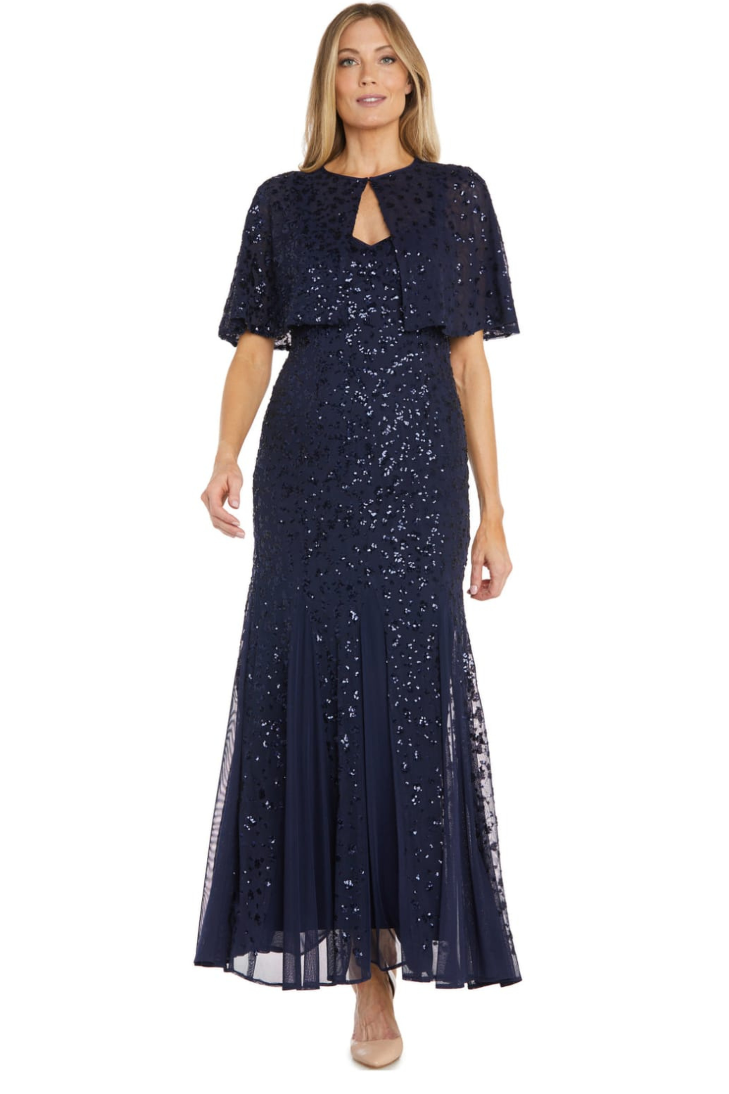 R&M Richards Navy Sequin Capelet Evening Dress