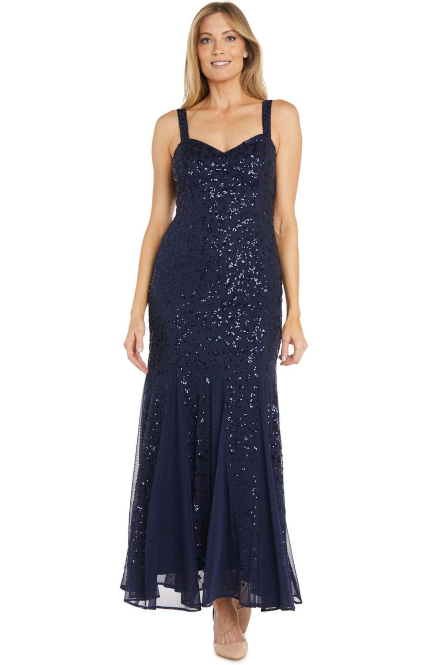 R&M Richards Navy Sequin Capelet Evening Dress