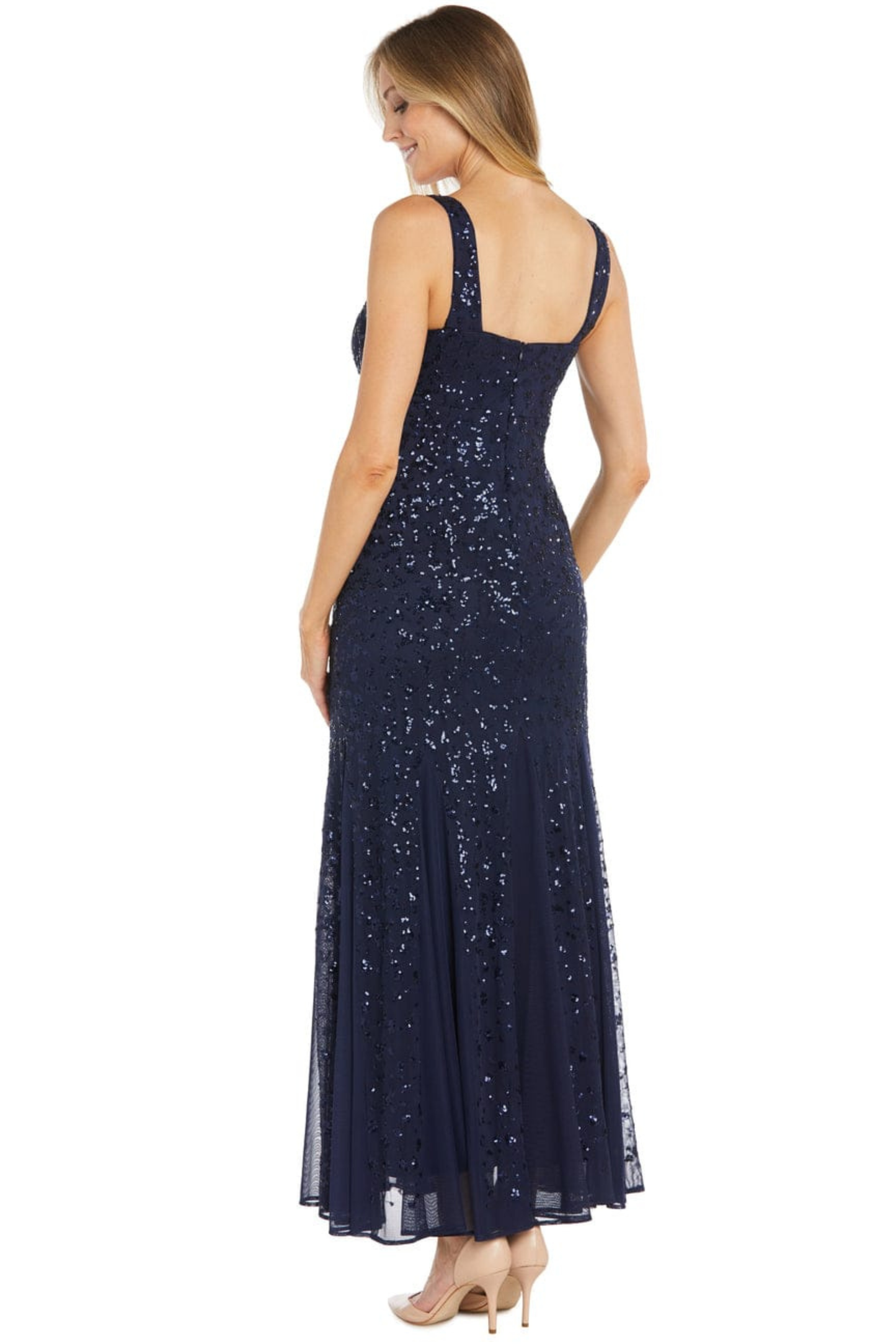 R&M Richards Navy Sequin Capelet Evening Dress