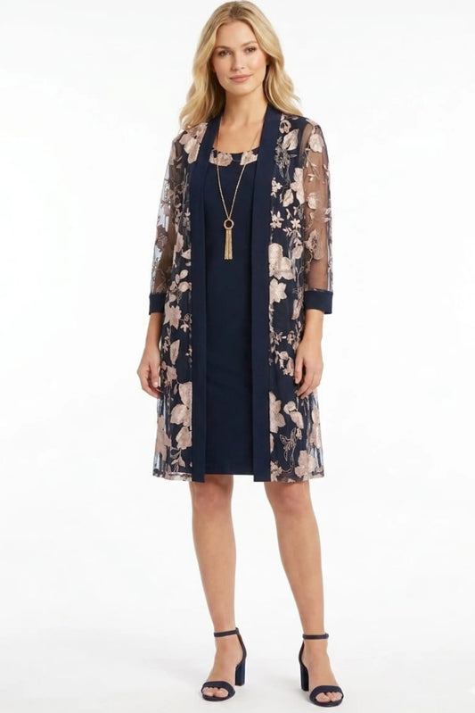 R&M Richards Navy Pink Floral Embroidered Duster Jacket Dress