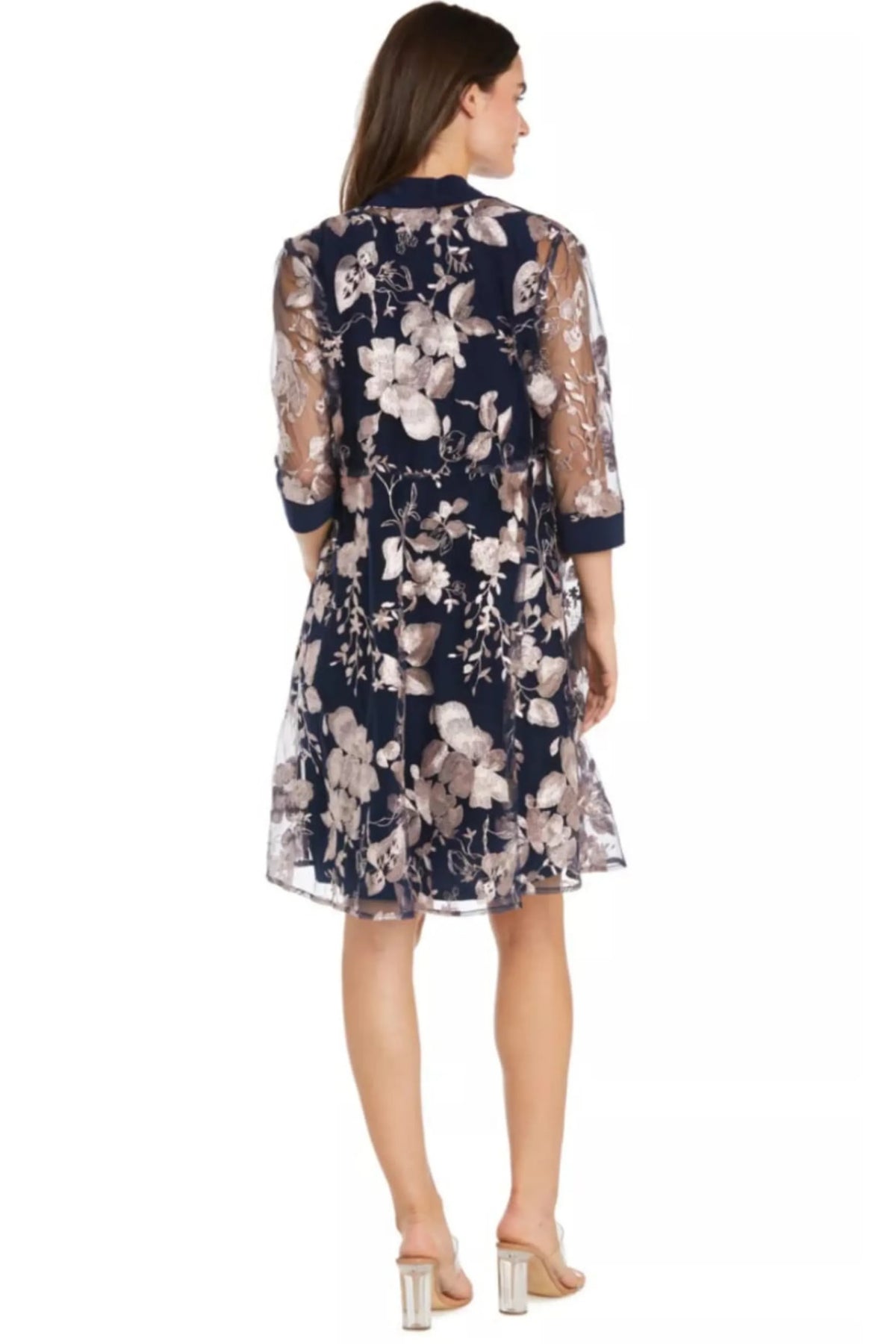 R&M Richards Navy Pink Floral Embroidered Duster Jacket Dress