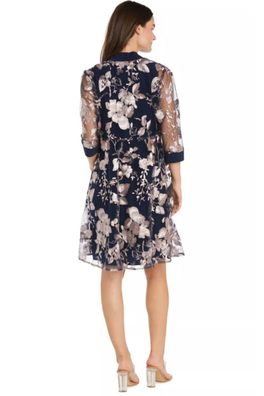 R&M Richards Navy Pink Floral Embroidered Duster Jacket Dress