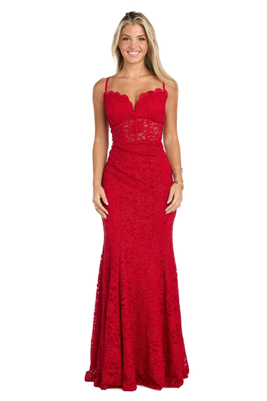 Morgan & Co Red Lace Illusion Corset Evening Gown