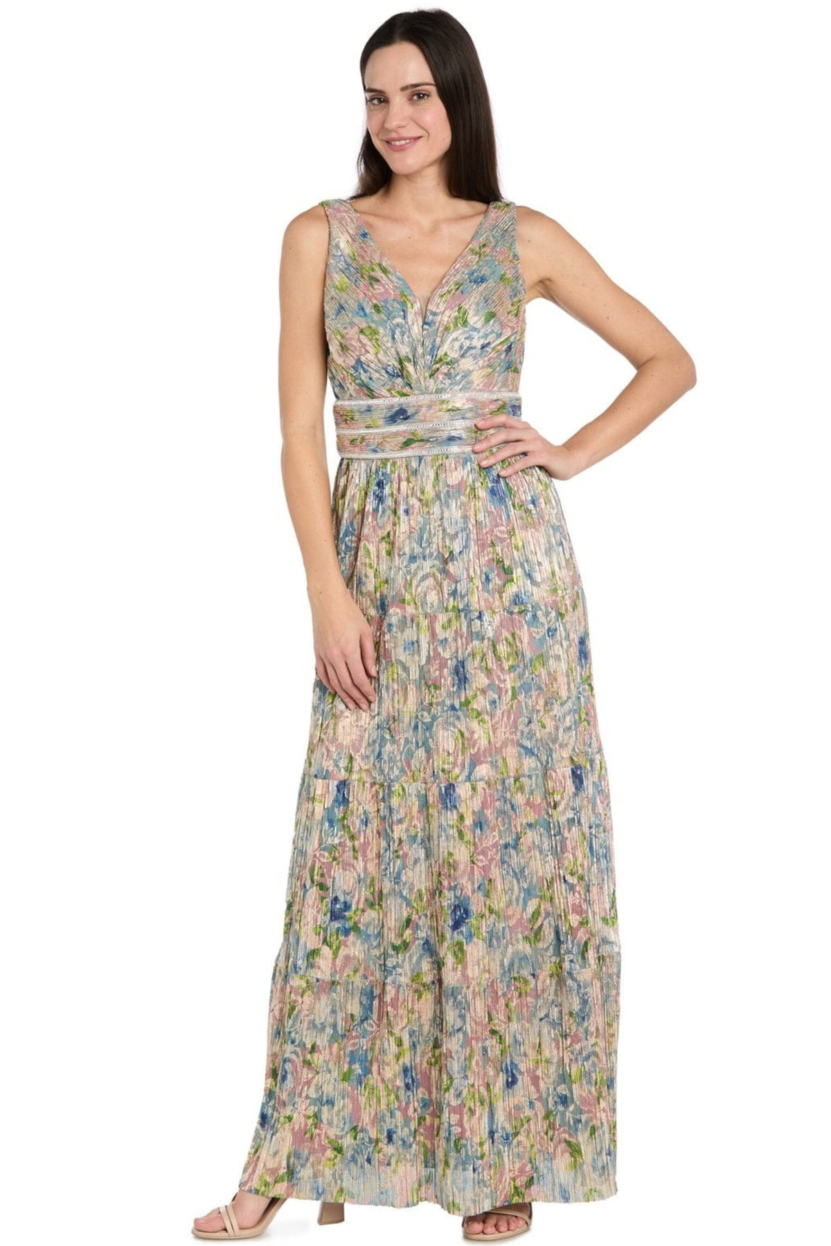 R&M Richards Gold Blue Floral Metallic Plissé Tiered Evening Maxi Dress