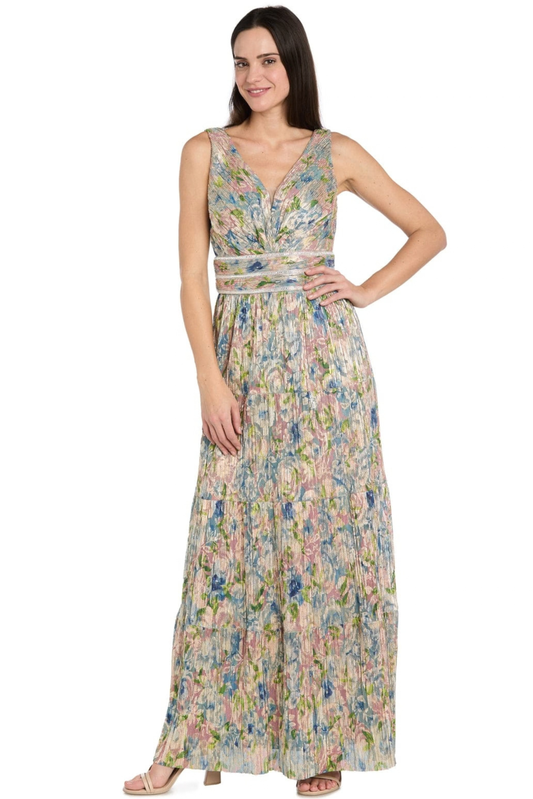 R&M Richards Gold Blue Floral Metallic Plissé Tiered Evening Maxi Dress