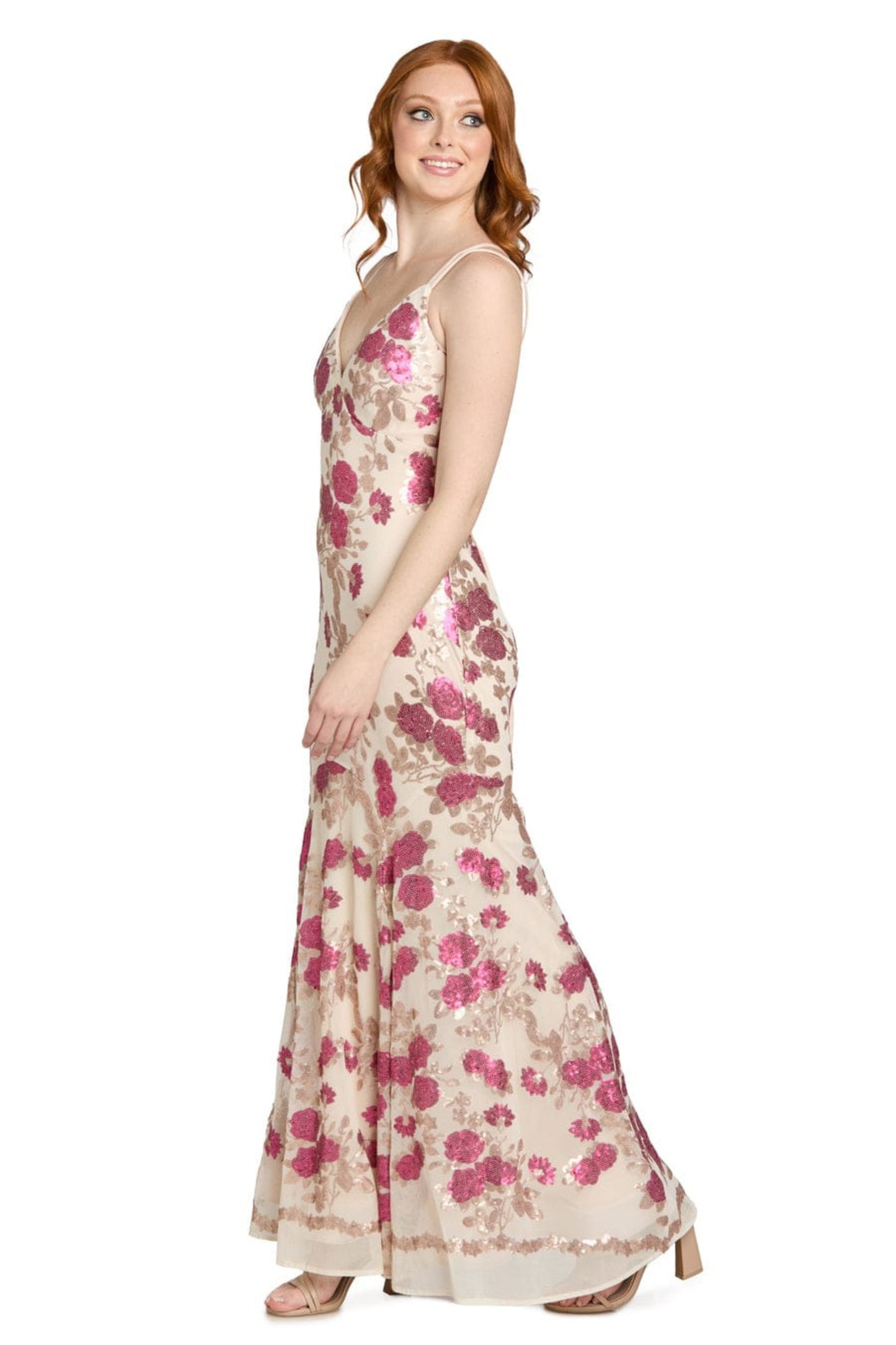 Morgan & Co Nude Fuchsia Floral Sequin Mermaid Evening Gown