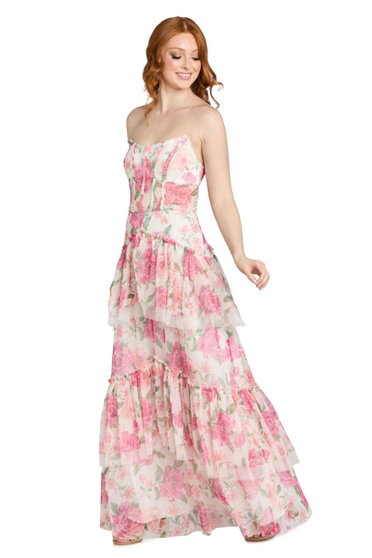 Morgan & Co Ivory Pink Floral Tiered Tulle Evening Dress