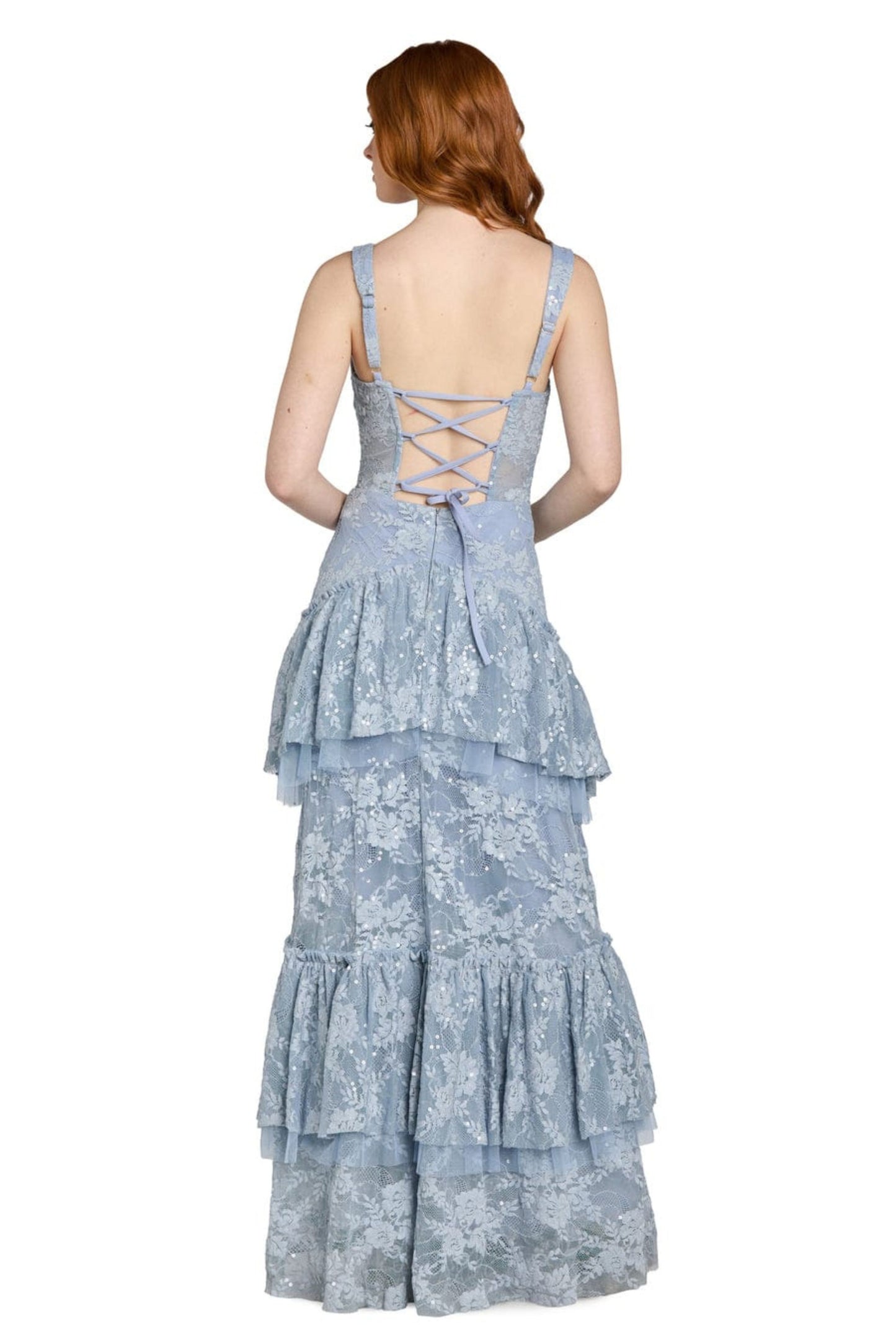 Morgan & Co French Lace Tiered Tulle Evening Gown