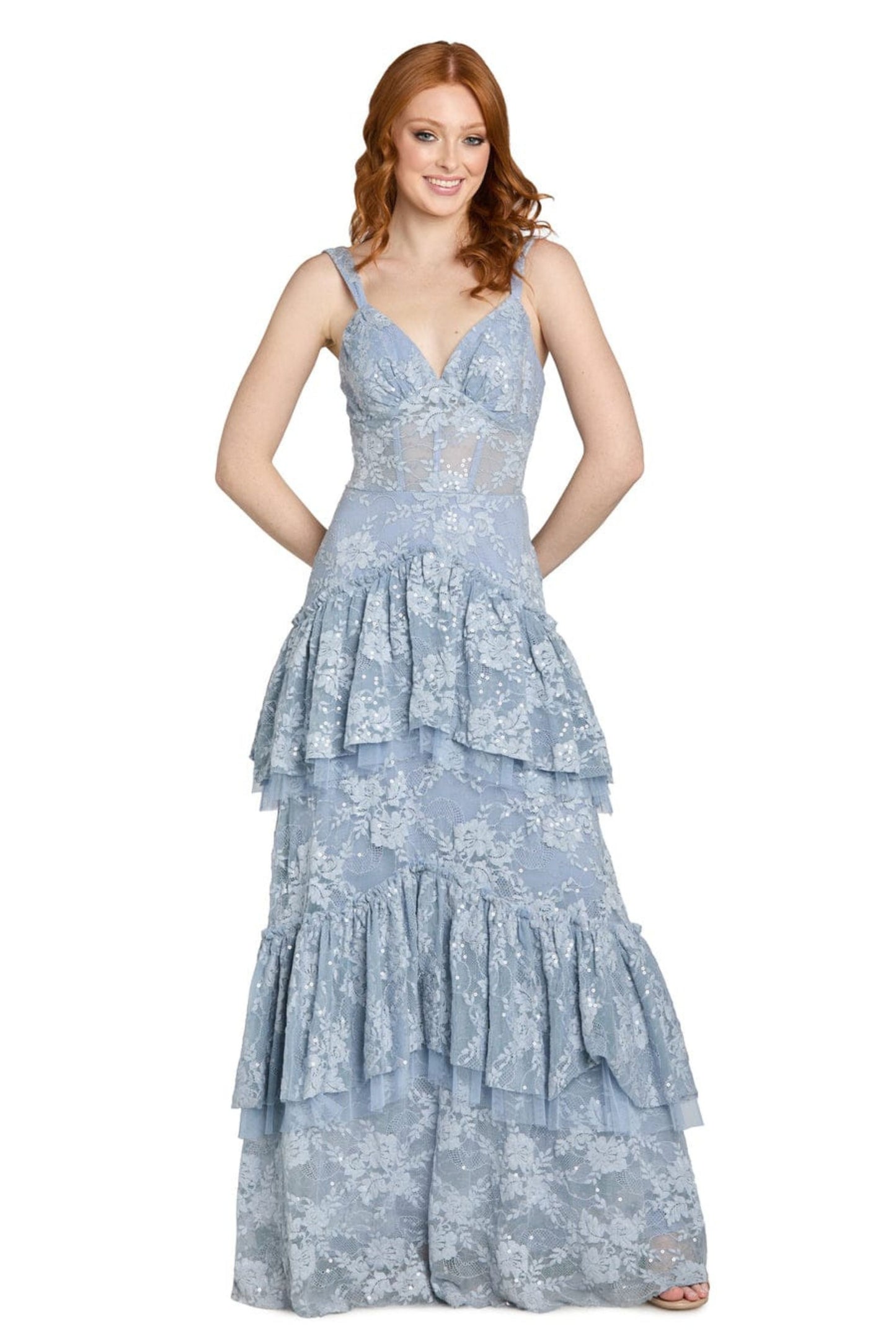 Morgan & Co French Lace Tiered Tulle Evening Gown
