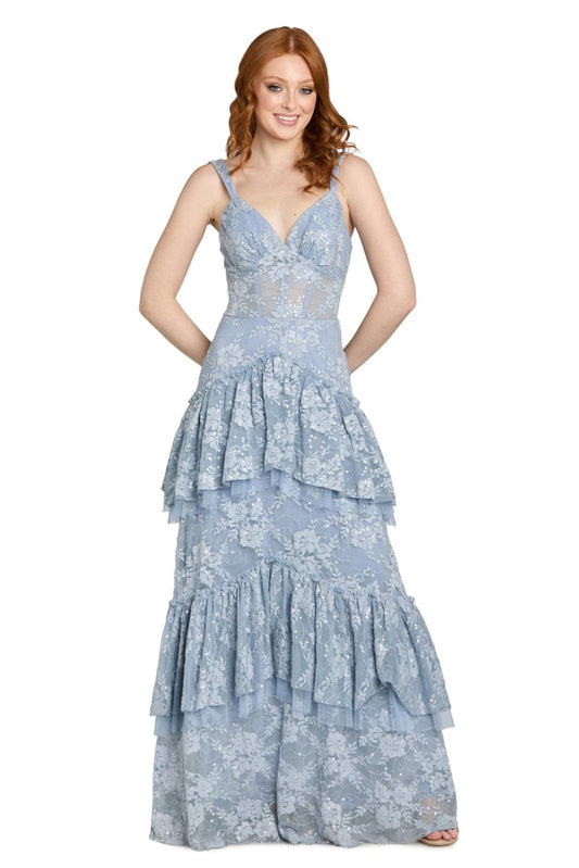 Morgan & Co French Lace Tiered Tulle Evening Gown