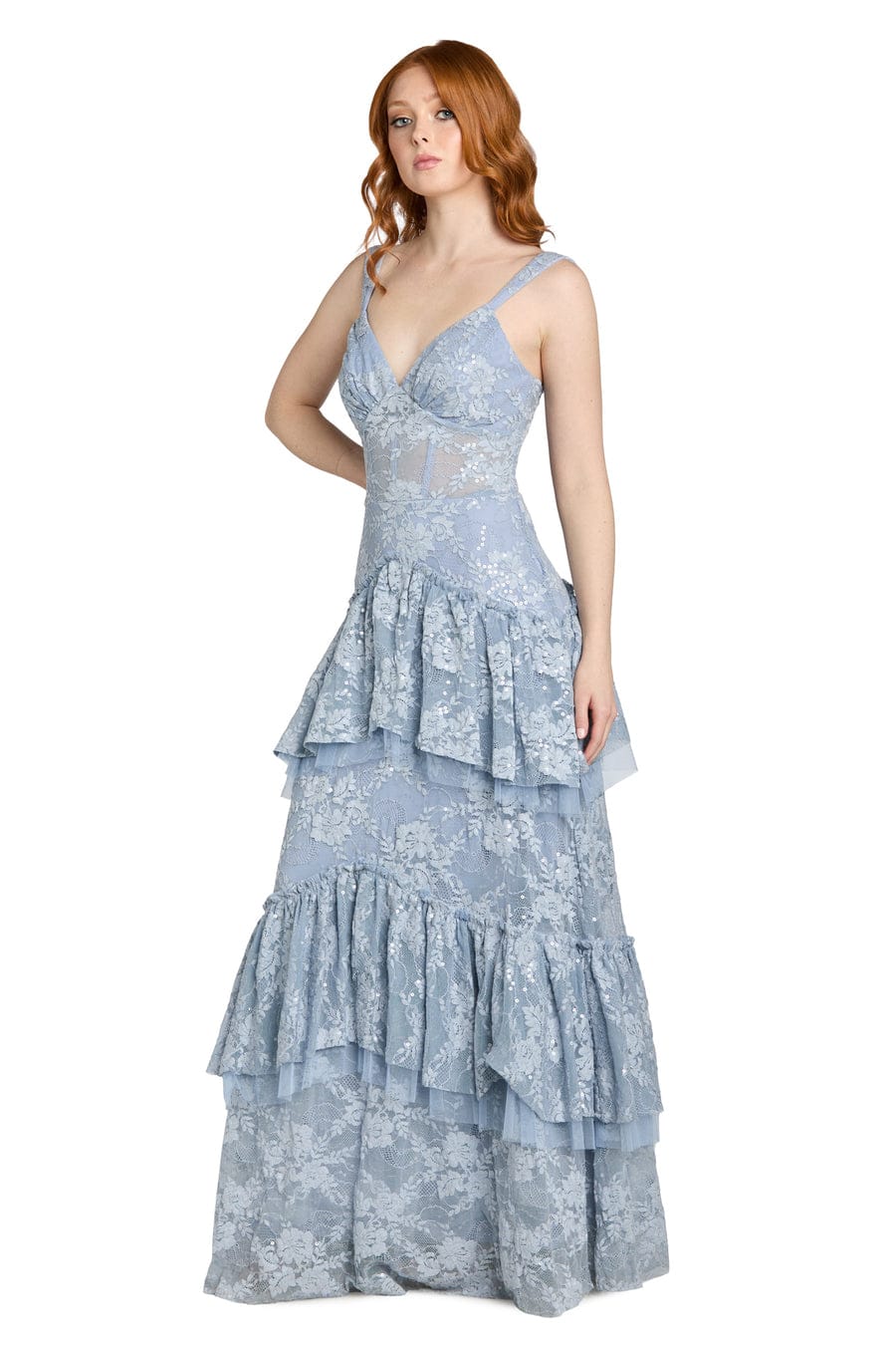 Morgan & Co French Lace Tiered Tulle Evening Gown