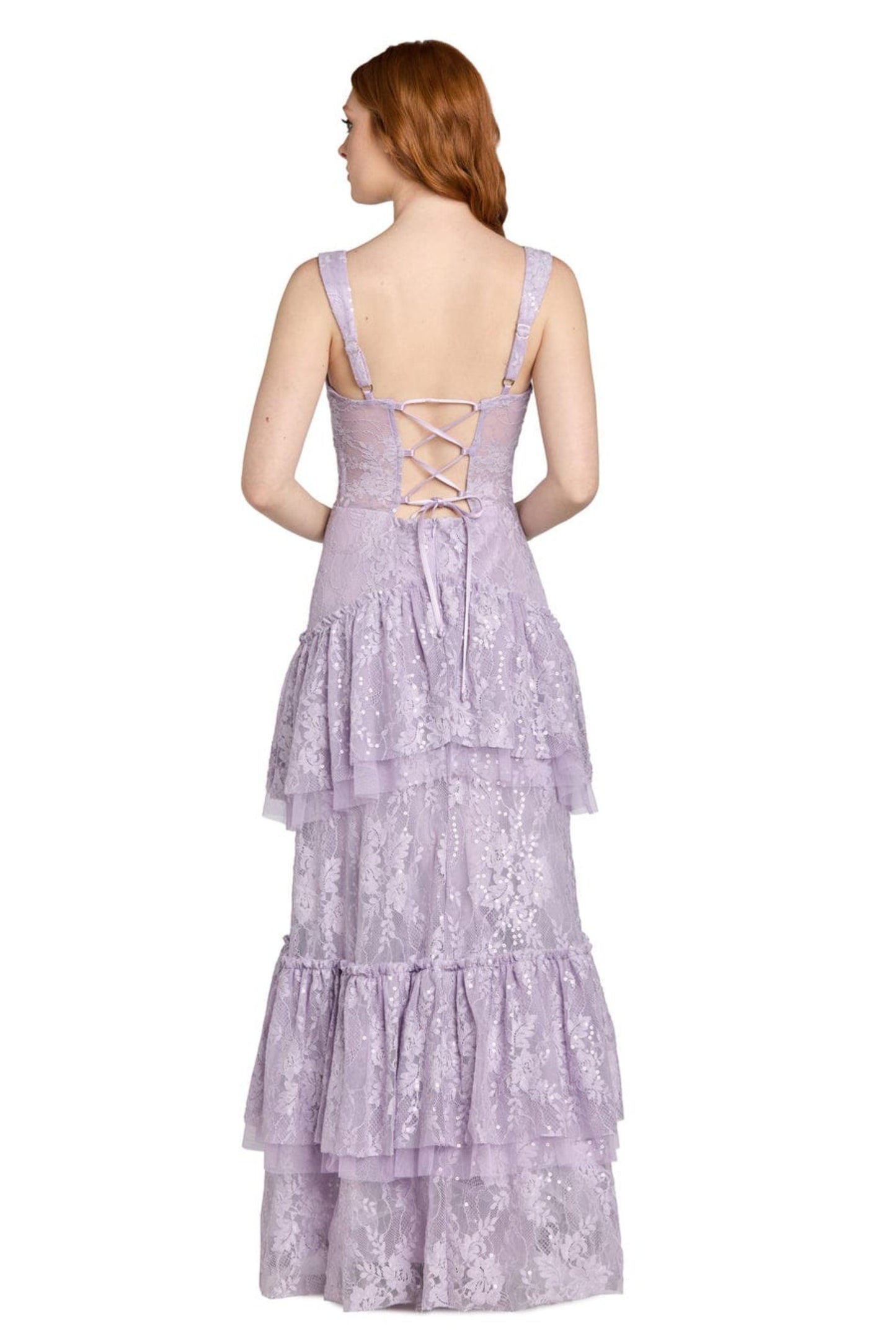 Morgan & Co French Lace Tiered Tulle Evening Gown