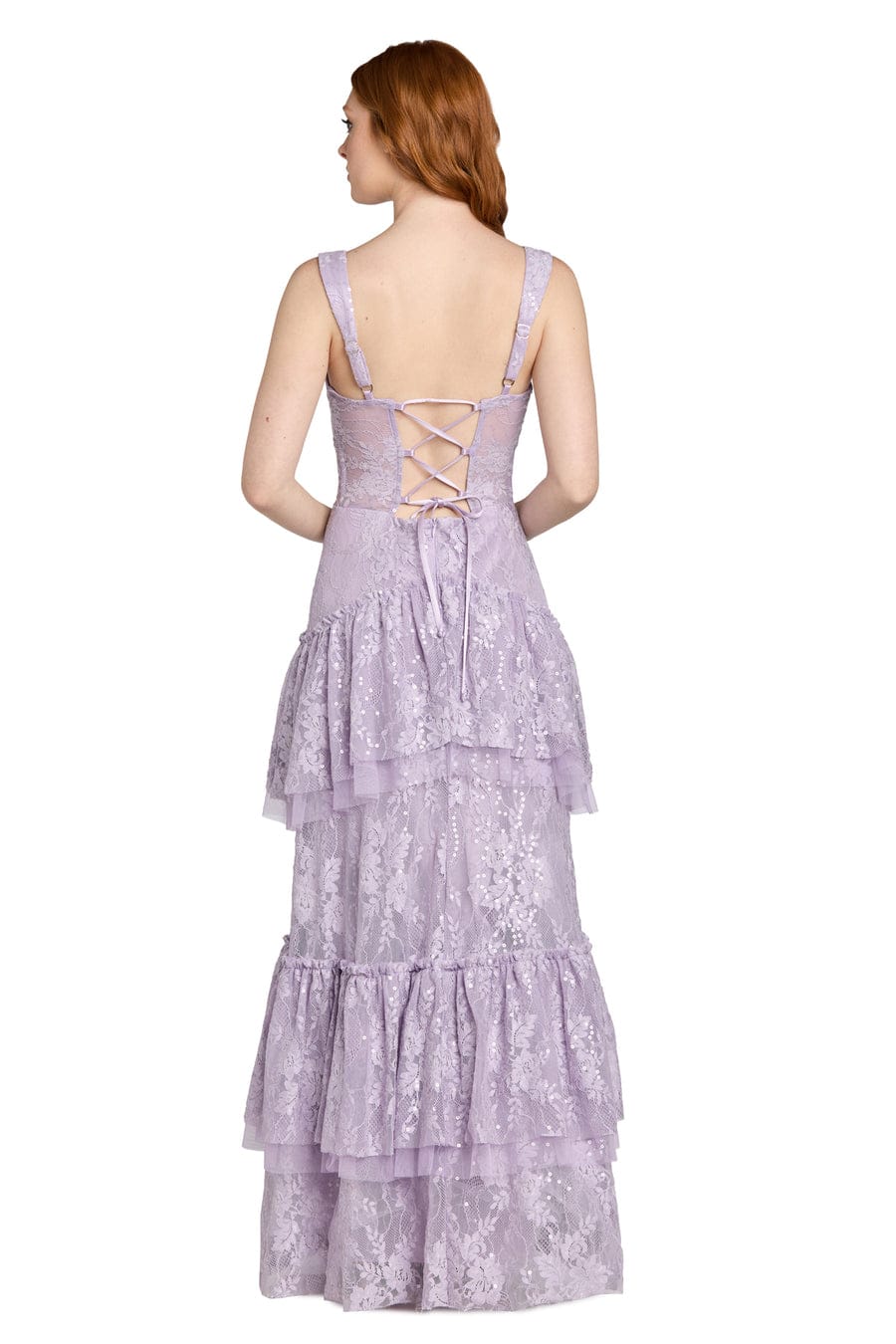 Morgan & Co French Lace Tiered Tulle Evening Gown