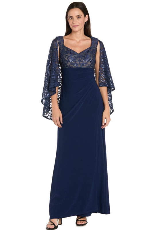 R&M Richards Navy Nude Sequin Lace Capelet Evening Dress