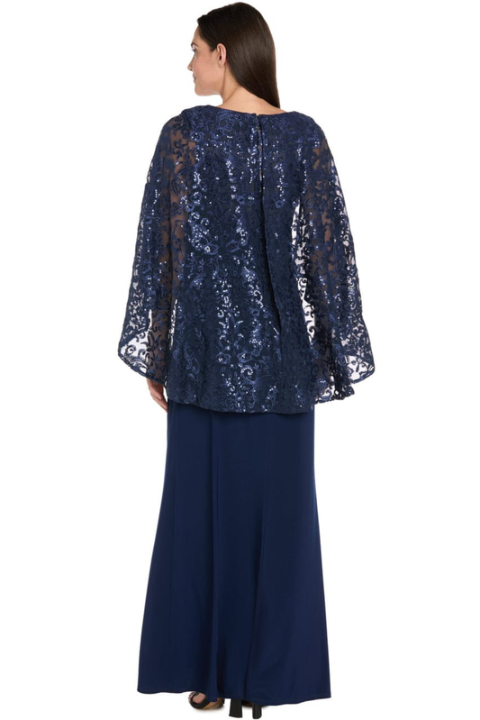R&M Richards Navy Nude Sequin Lace Capelet Evening Dress