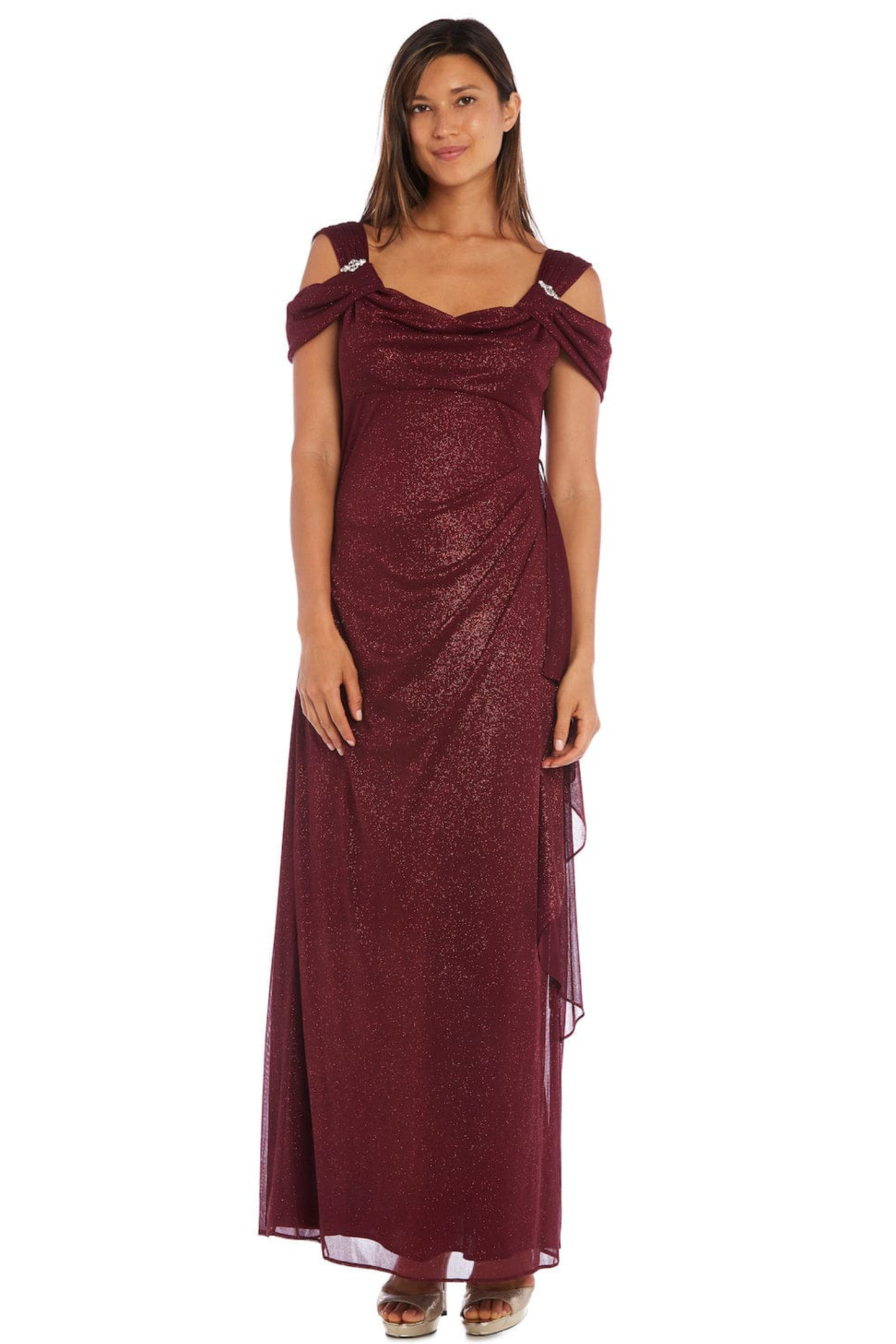 R&M Richards Metallic Shimmer Cold-Shoulder Evening Dress