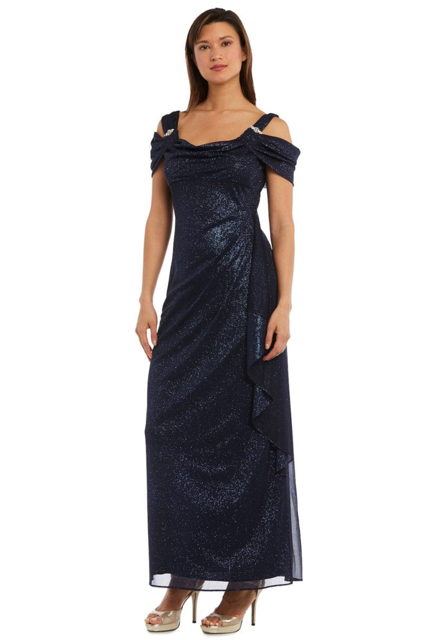R&M Richards Metallic Shimmer Cold-Shoulder Evening Dress