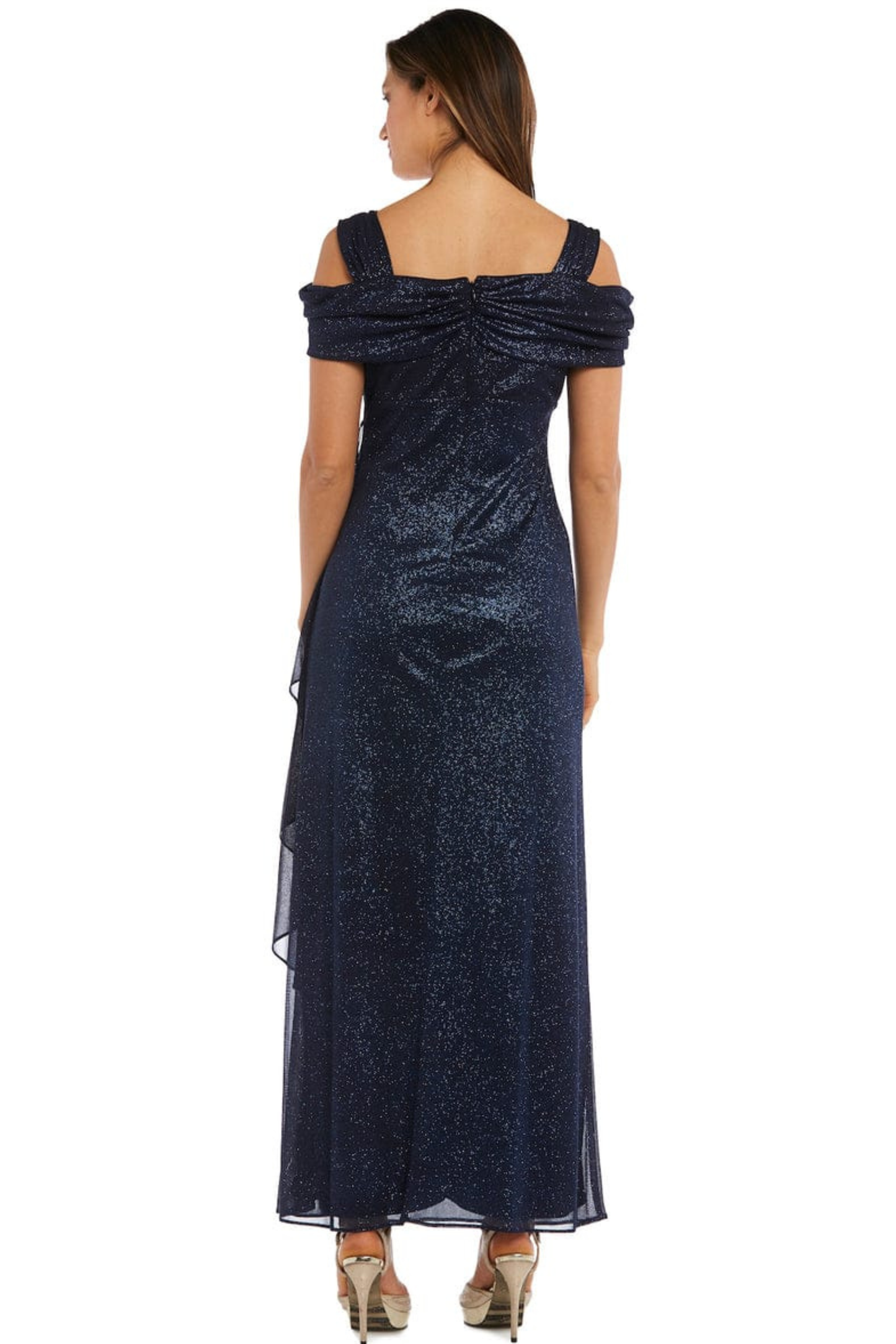 R&M Richards Metallic Shimmer Cold-Shoulder Evening Dress