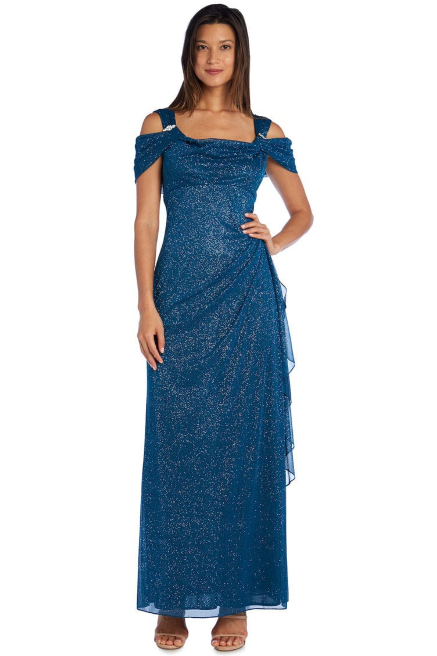 R&M Richards Metallic Shimmer Cold-Shoulder Evening Dress