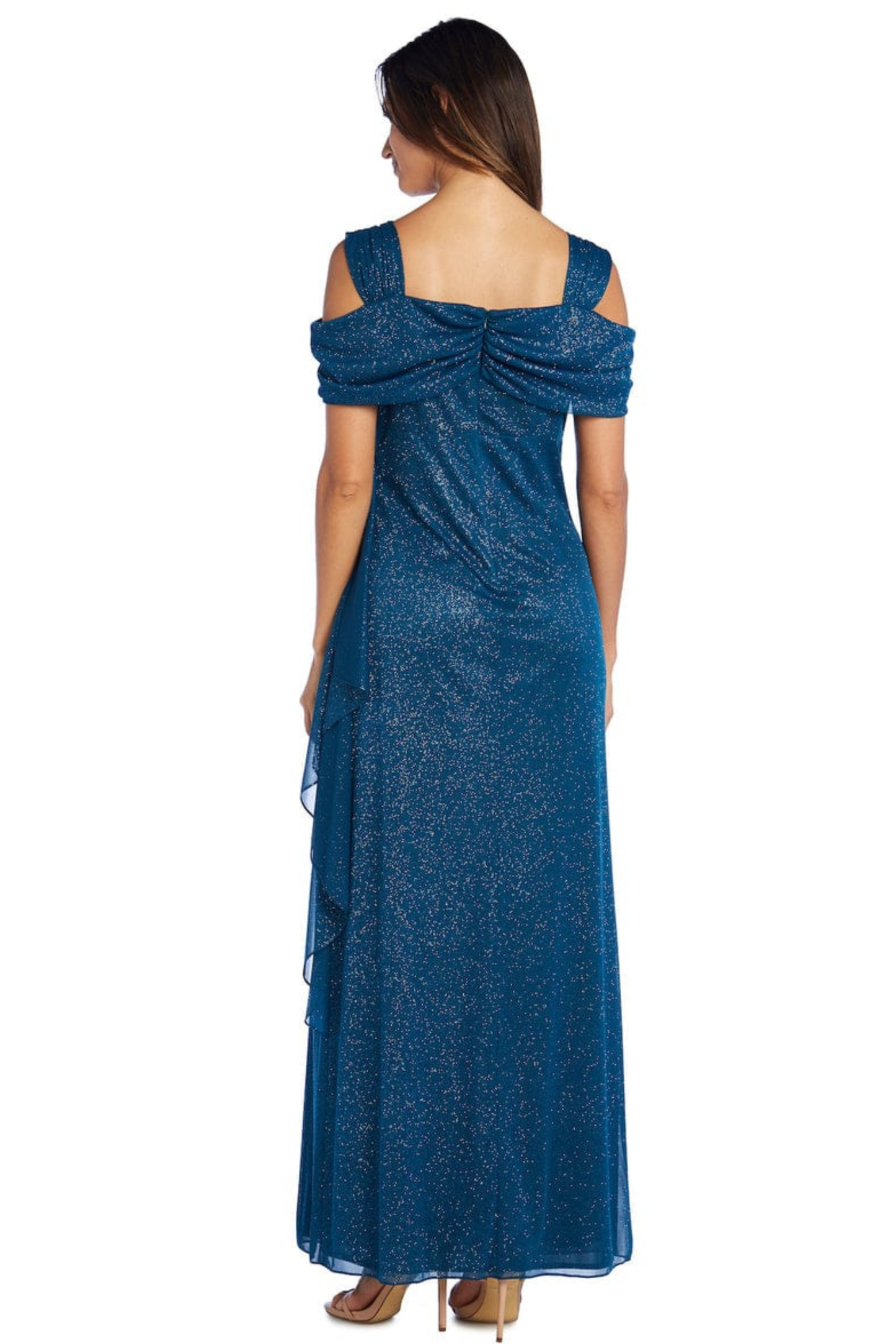 R&M Richards Metallic Shimmer Cold-Shoulder Evening Dress