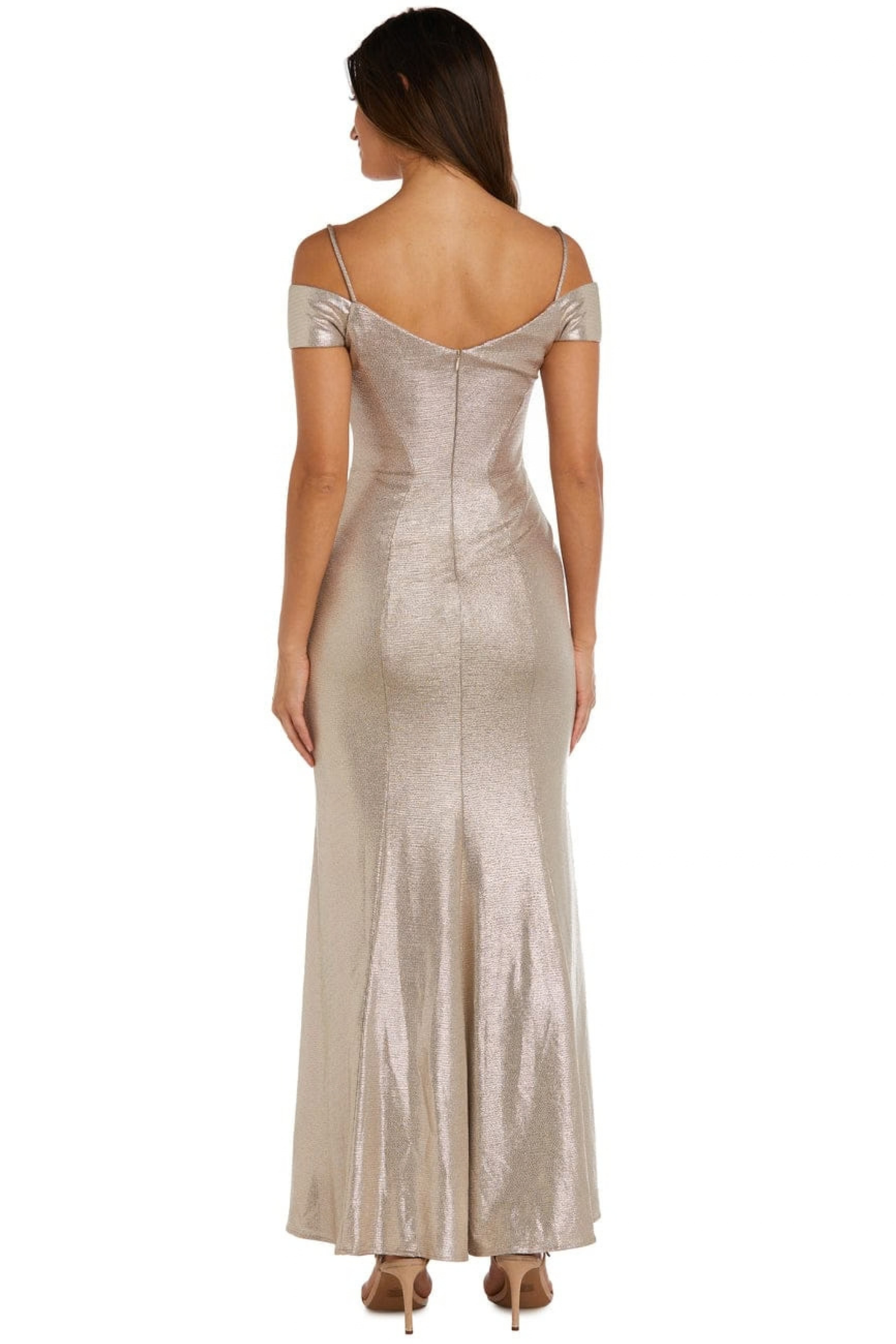 R&M Richards Metallic Cold-Shoulder Slit Evening Gown