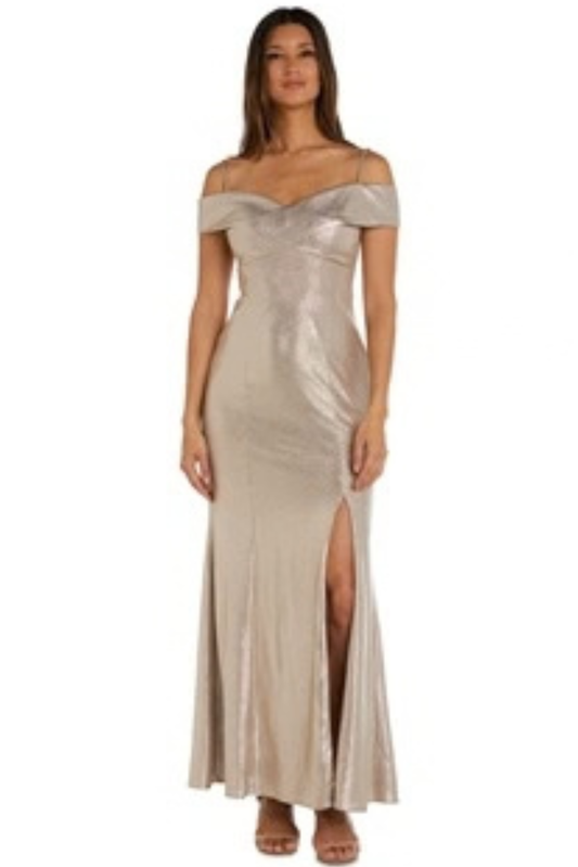R&M Richards Metallic Cold-Shoulder Slit Evening Gown