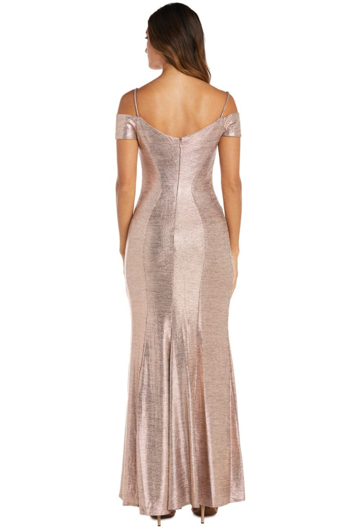 R&M Richards Metallic Cold-Shoulder Slit Evening Gown