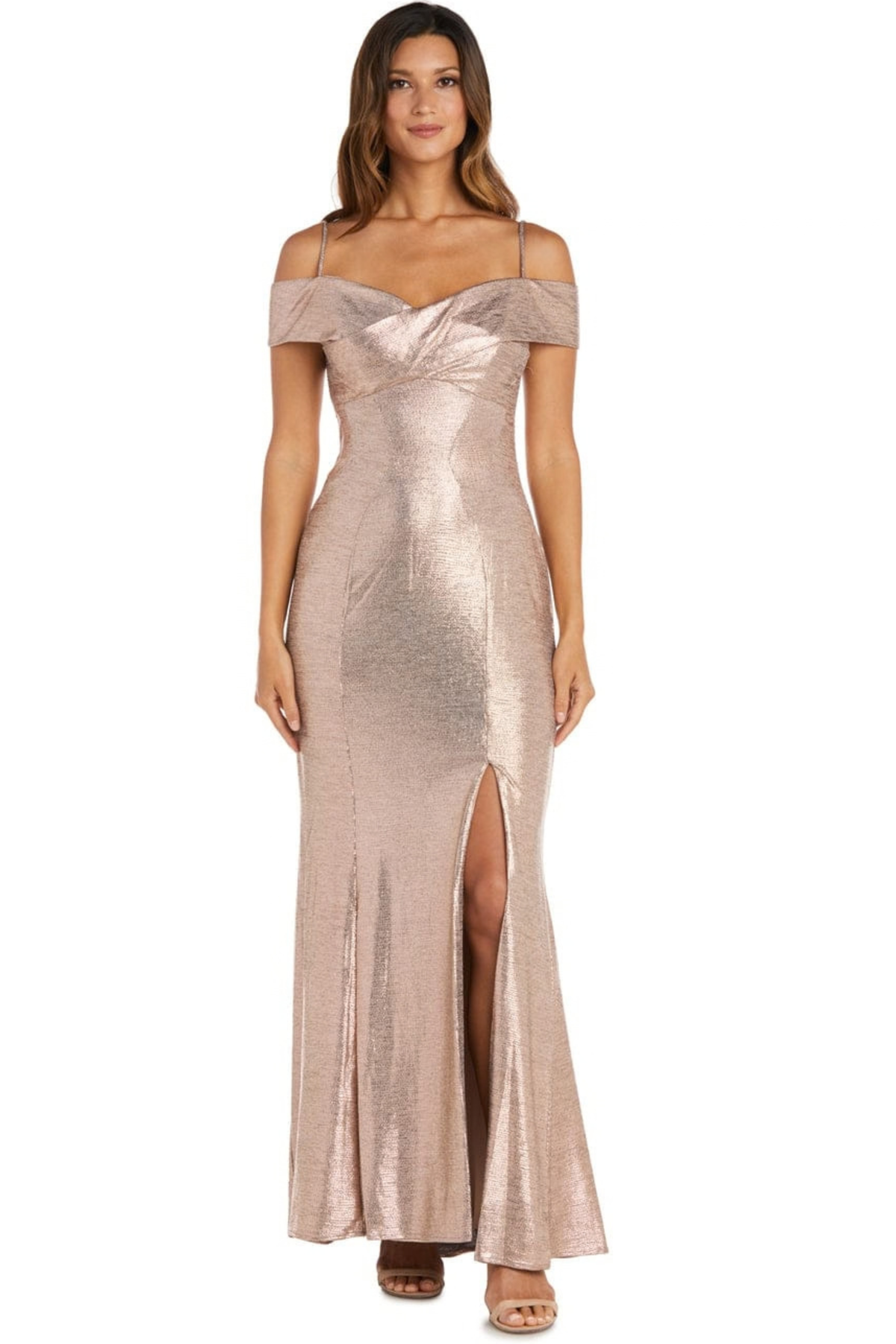 R&M Richards Metallic Cold-Shoulder Slit Evening Gown