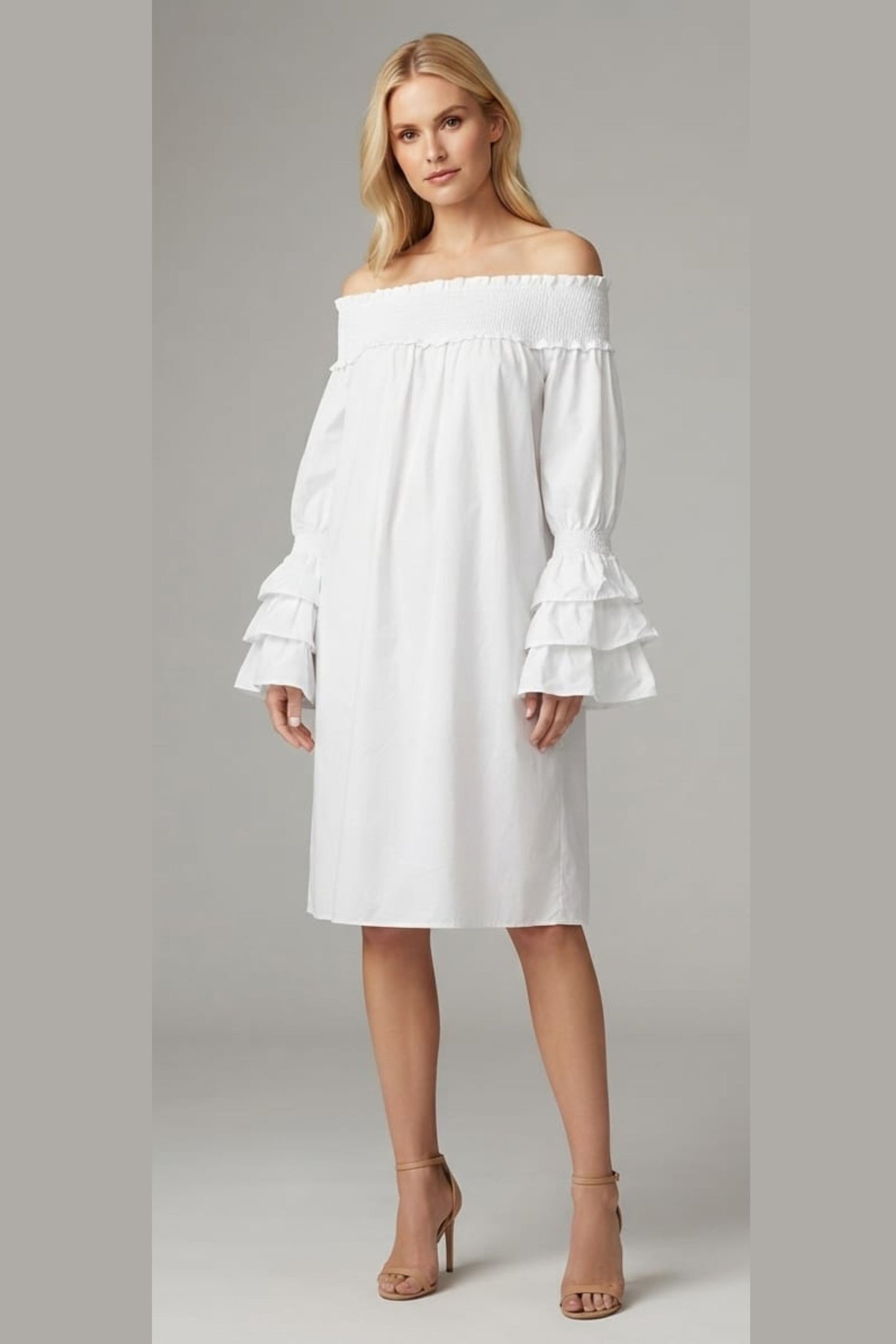 Vivid Tiered Sleeve Smocked Off the Shoulder Dress