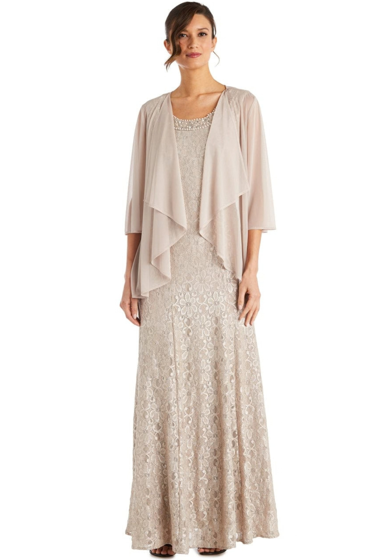 R&M Richards Sequined Lace 2-Piece Sheer Jacket Gown Set