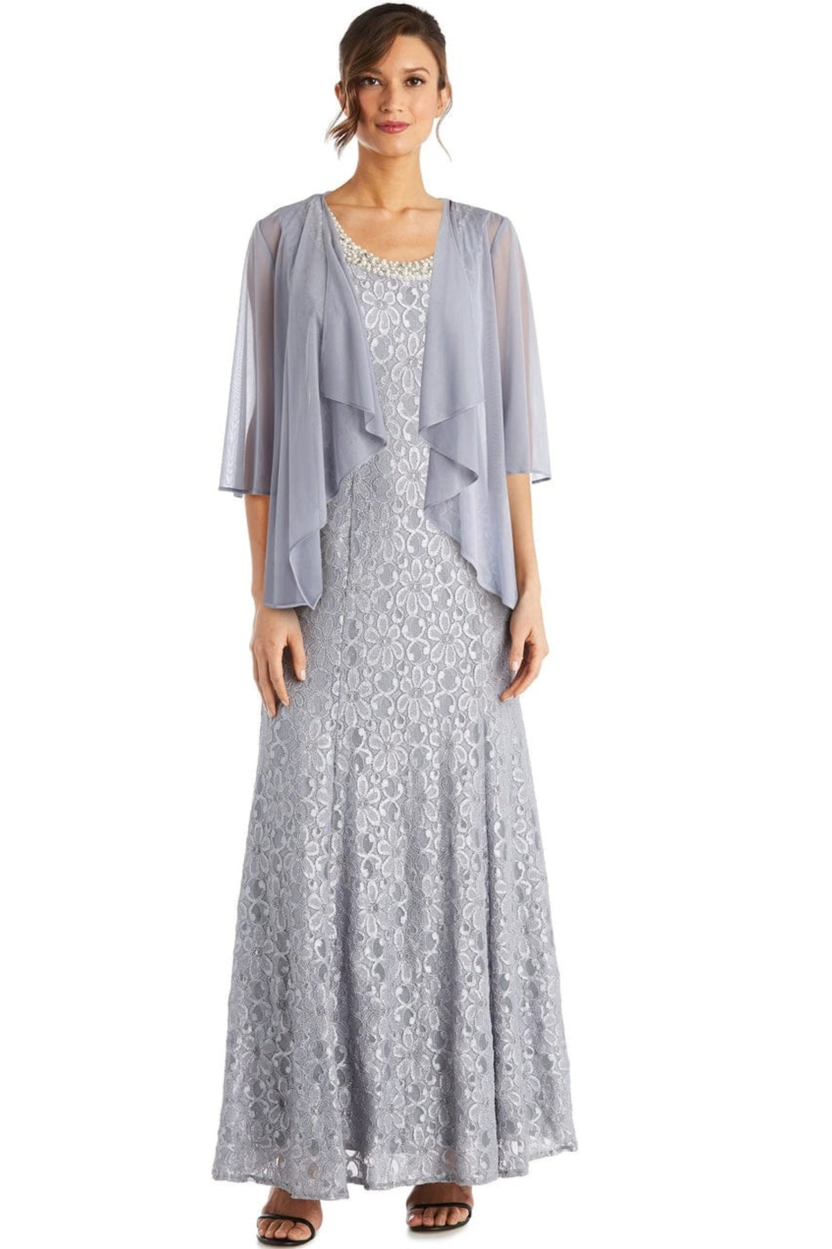 R&M Richards Sequined Lace 2-Piece Sheer Jacket Gown Set