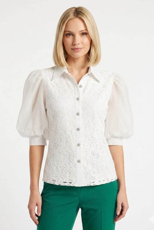VIVID Ivory Lace Button-Down Top with Organza Puff Sleeves