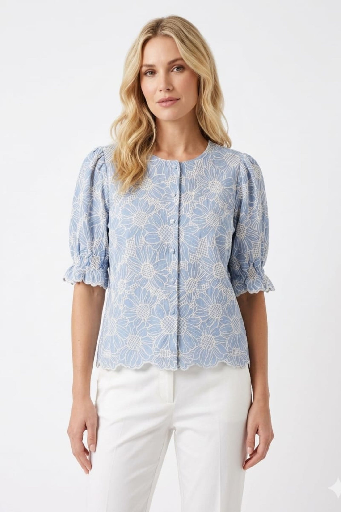 VIVID Blue Floral Embroidered Puff Sleeve Blouse