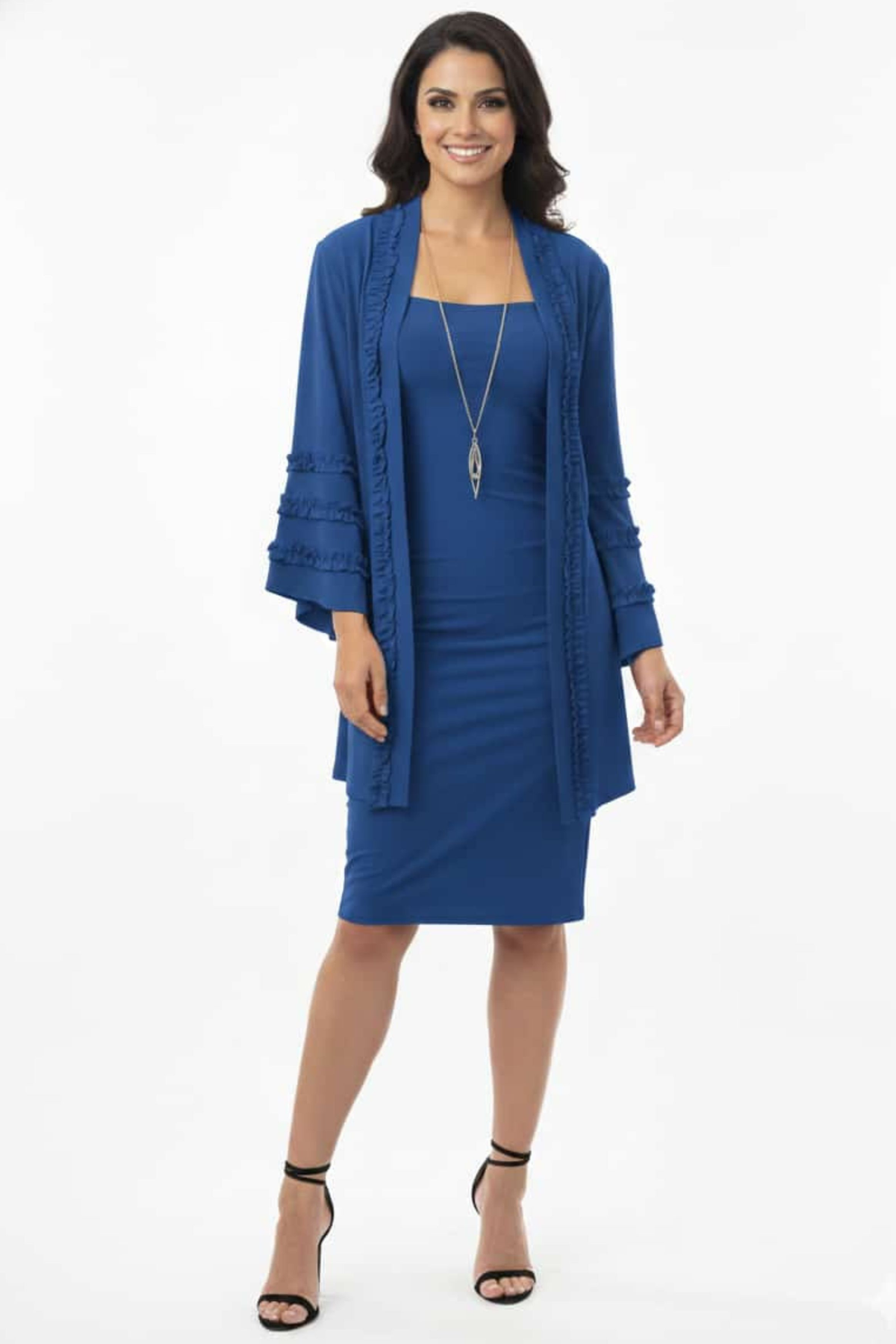 R&M Richards Crimson 2-Piece Ruffled Jacket Dress with Necklace