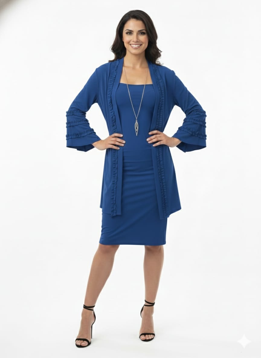 R&M Richards Crimson 2-Piece Ruffled Jacket Dress with Necklace