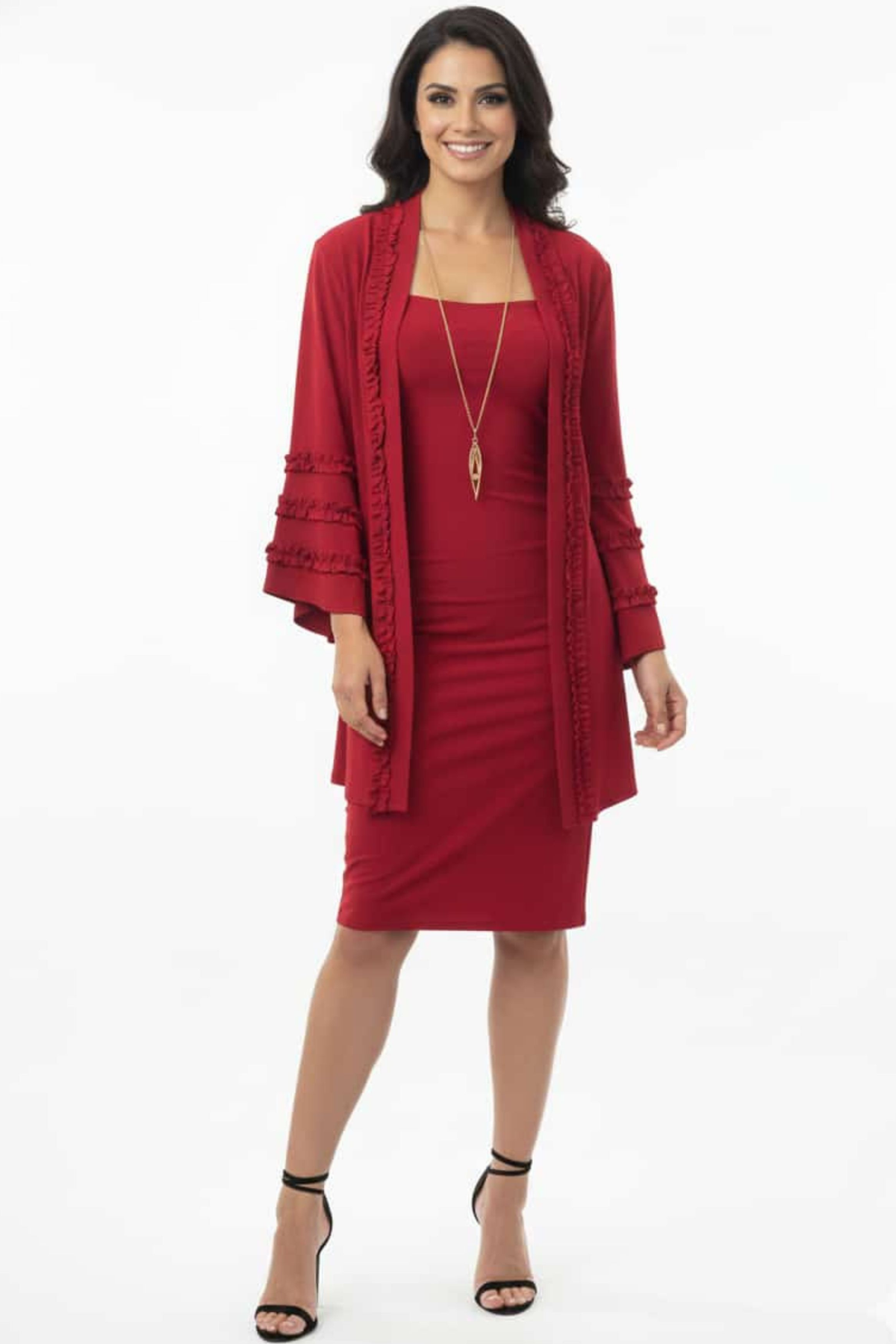 R&M Richards Crimson 2-Piece Ruffled Jacket Dress with Necklace